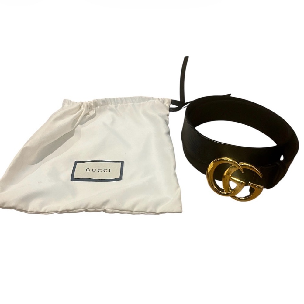 GUCCI BLACK LEATHER BELT WITH INTERLOCKING GOLD COLOR EMBLEM - Picture 2 of 7